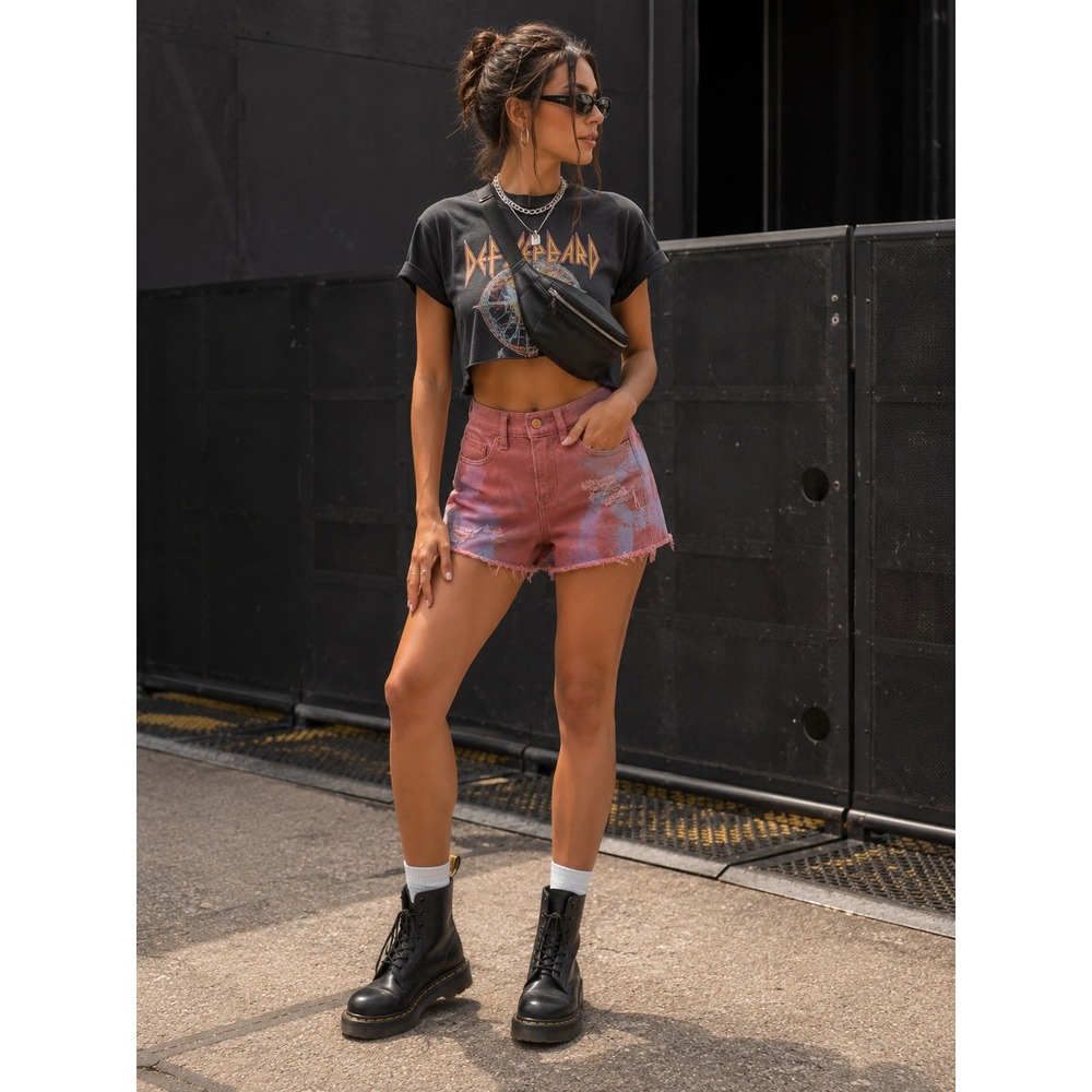 Express Tie Dye Distressed Denim Shorts Pink Purple Mid Rise Cutoff Size 0